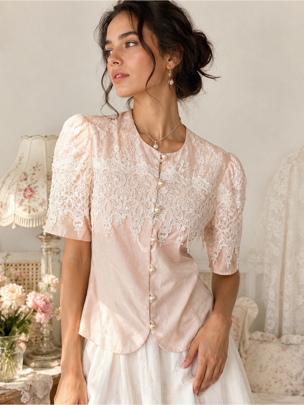Vintage Jessica McClintock Pink Lace Pearl Button Blouse Top Size 12 Romantic